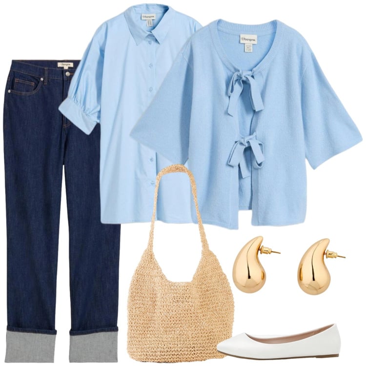 Outfit donna - Ton sur ton. Stile Romantica per Tutti i giorni. Abbinamento con cardigans, jeans dritti, ballerine, orecchini, shopping bag, camicie.