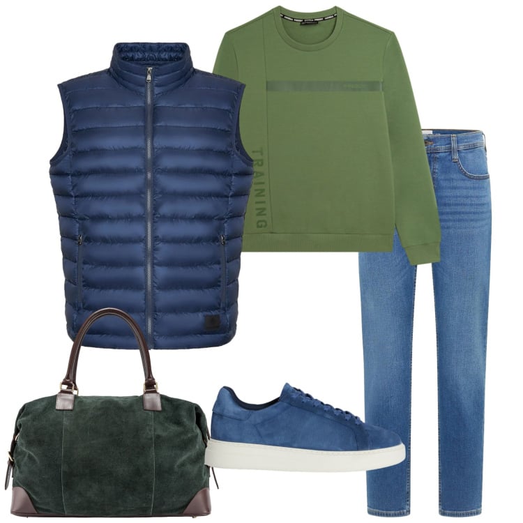 Outfit uomo - Weekend fuori porta. Stile Casual per Tutti i giorni. Abbinamento con jeans bootcut, sneakers, felpe, piumini, borse sportive.