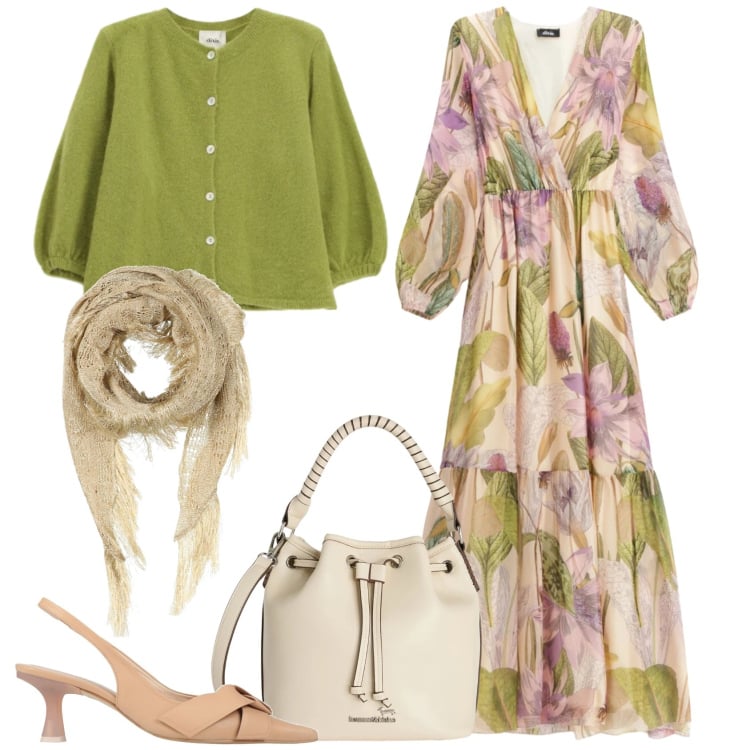 Outfit donna - Fluidità. Stile Romantica per Cerimonia. Abbinamento con décolleté, stole, borse a secchiello, vestiti lunghi, cardigans.