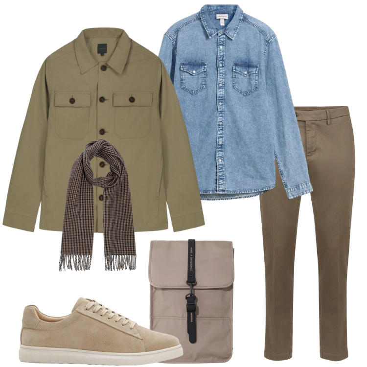 Outfit uomo - Weekend fuori porta. Stile Urban per Tutti i giorni. Abbinamento con camicie, sneakers, borse sportive, pantaloni chino, cappotti, sciarpe.