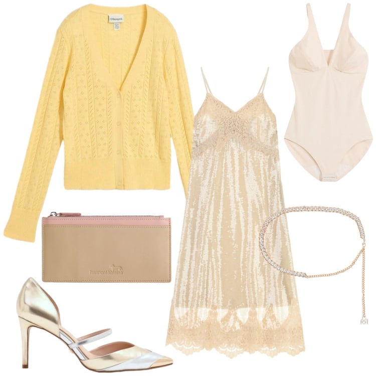 Outfit donna - Maglia leggera protagonista. Stile Chic per Serata fuori. Abbinamento con body, cardigans, portafogli, décolleté, cinture, vestiti midi/longuette.