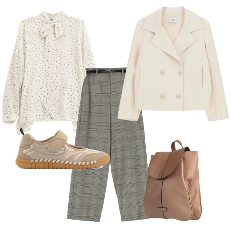 Outfit donna - Soft Power Dressing. Stile Bon Ton per Tutti i giorni. Abbinamento con zaini, pantaloni a palazzo, camicie, blazer, ballerine.