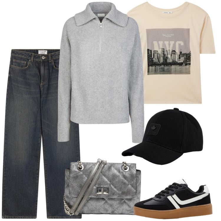 Outfit donna - A scuola. Stile Mannish per Scuola/Università. Abbinamento con sneakers, jeans dritti, t-shirt, borse a tracolla, cappelli con visiera, maglieria.