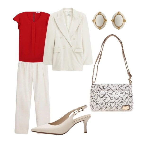 Outfit donna - Così come mi vedi. Stile Trendy per Tutti i giorni. Abbinamento con pantaloni, décolleté, bluse, blazer, orecchini, borse a tracolla.