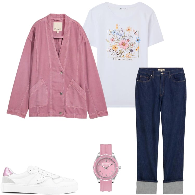Outfit donna - Tutti i giorni. Stile Casual per Tutti i giorni. Abbinamento con jeans dritti, blazer, t-shirt, orologi, sneakers.
