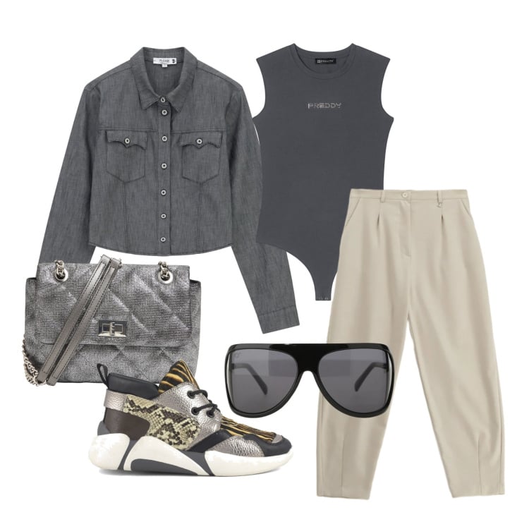 Outfit donna - Marzo. Stile Trendy per Tutti i giorni. Abbinamento con borse a tracolla, camicie, occhiali da sole, pantaloni, body, sneakers alte.