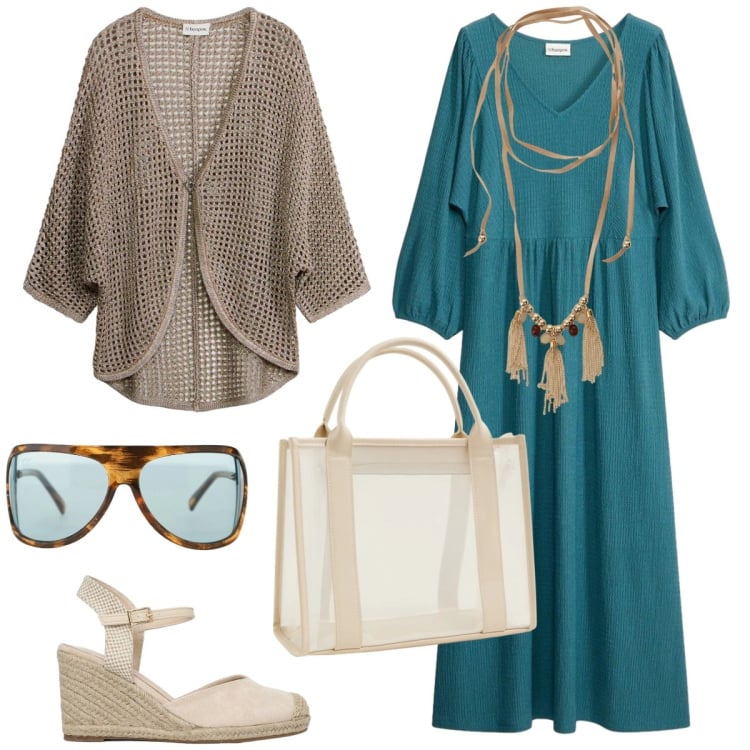 Outfit donna - Total look #2364197. Stile Boho per Tutti i giorni. Abbinamento con cardigans, vestiti midi/longuette, borse tote, zeppe, occhiali da sole, collane.