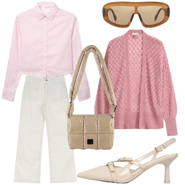 Outfit donna - Soft Power Dressing. Stile Casual per Tutti i giorni. Abbinamento con cardigans, camicie, décolleté, occhiali da sole, borse a spalla, jeans.