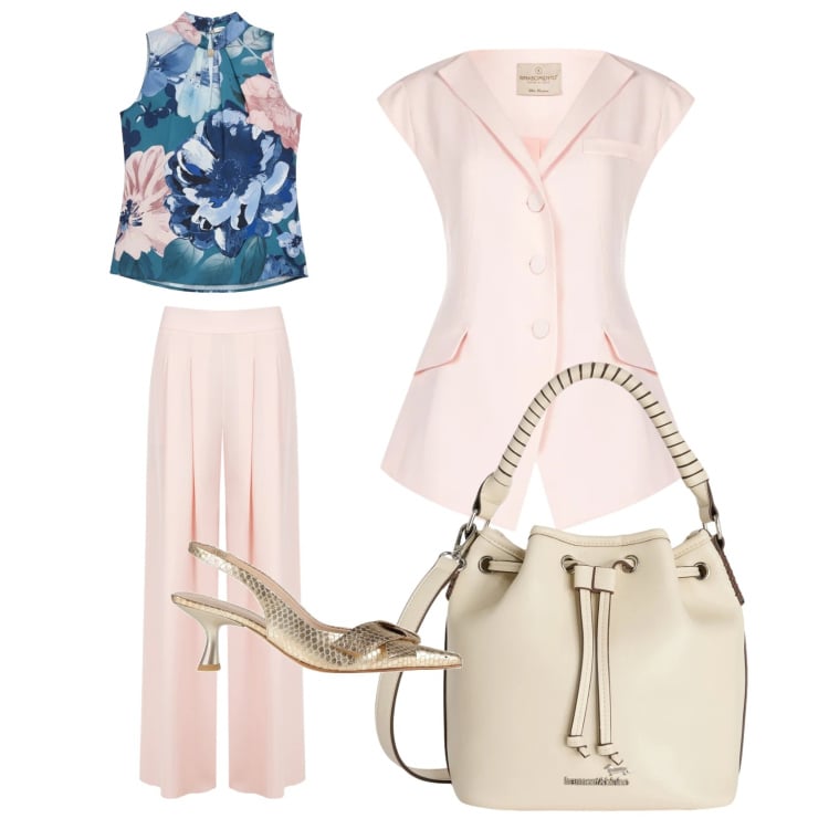 Outfit donna - Cerimonia a giugno. Stile Casual chic per Cerimonia. Abbinamento con décolleté, borse a secchiello, top, gilet, pantaloni a palazzo.