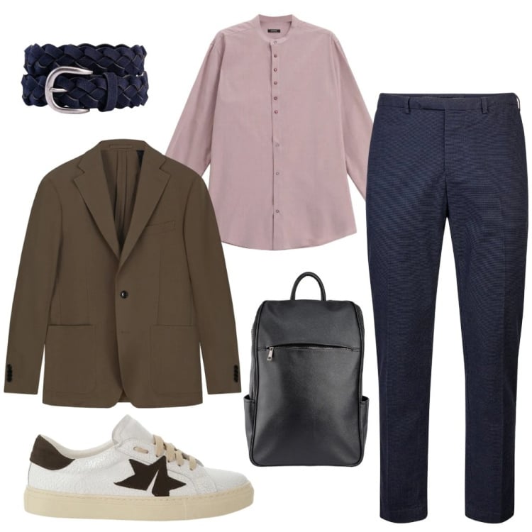 Outfit uomo - Alessio: al lavoro in motorino. Stile Casual per Ufficio. Abbinamento con camicie, sneakers, pantaloni, cinture, borse sportive, giacche.