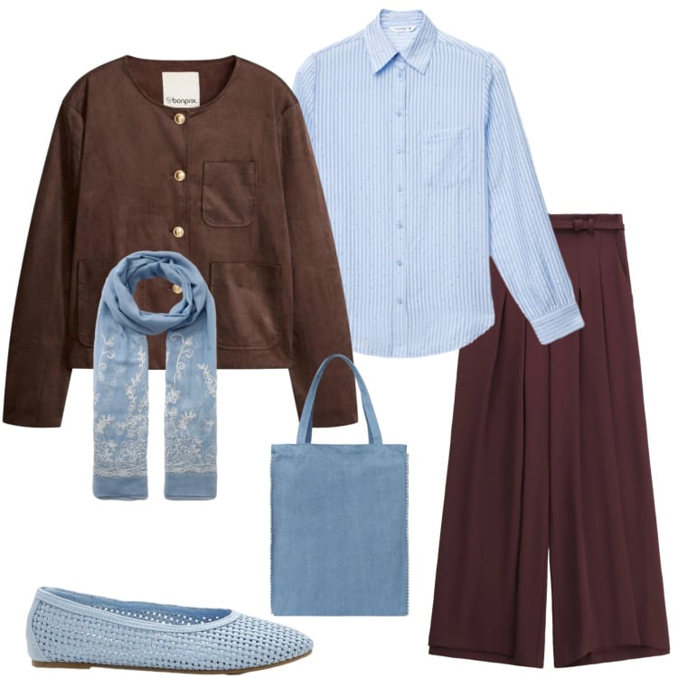 Outfit donna - Cioccolato e azzurro. Stile Casual chic per Tutti i giorni. Abbinamento con blazer, ballerine, borse tote, camicie, sciarpe, pantaloni a palazzo.
