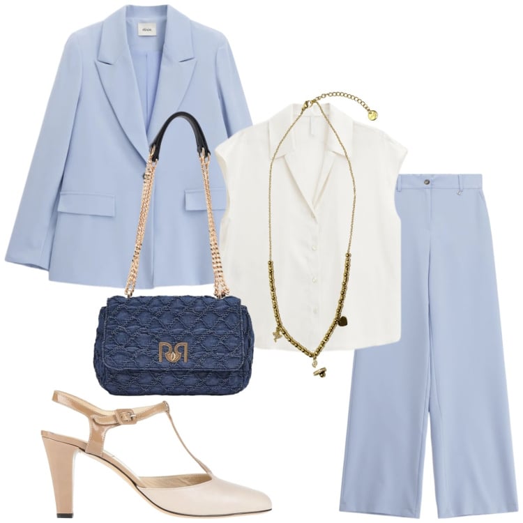 Outfit donna - Soft Power Dressing. Stile Minimal per Tutti i giorni. Abbinamento con décolleté, borse a spalla, camicie, blazer, pantaloni a palazzo, ciondoli.