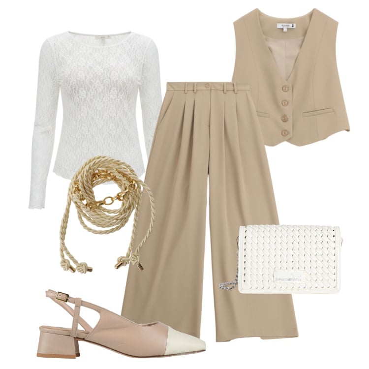 Outfit donna - Dolce, ma decisa !. Stile Trendy per Tutti i giorni. Abbinamento con décolleté, borse a tracolla, gilet, pantaloni a palazzo, bluse, cinture.