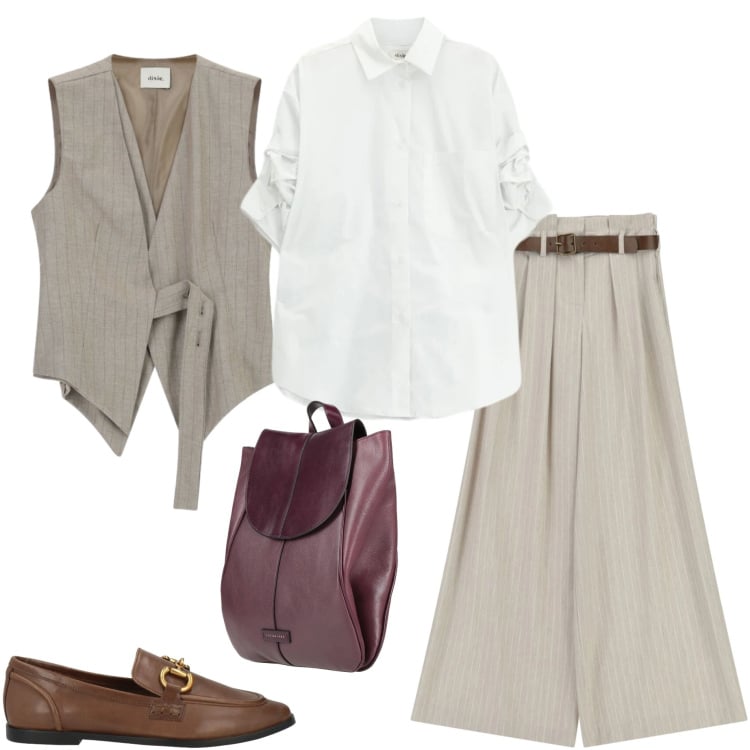 Outfit donna - La modaiola. Stile Casual chic per Tutti i giorni. Abbinamento con mocassini, zaini, pantaloni a palazzo, camicie, gilet.