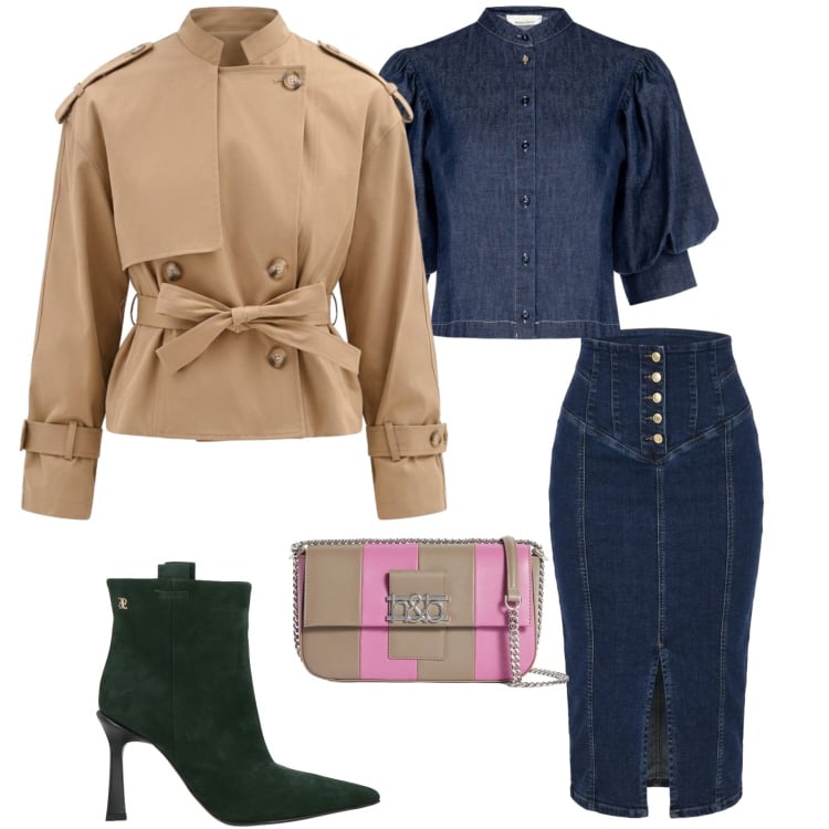 Outfit donna - Marzo. Stile Chic per Serata fuori. Abbinamento con stivaletti, borse a spalla, camicie a manica corta, caban, gonne longuette.