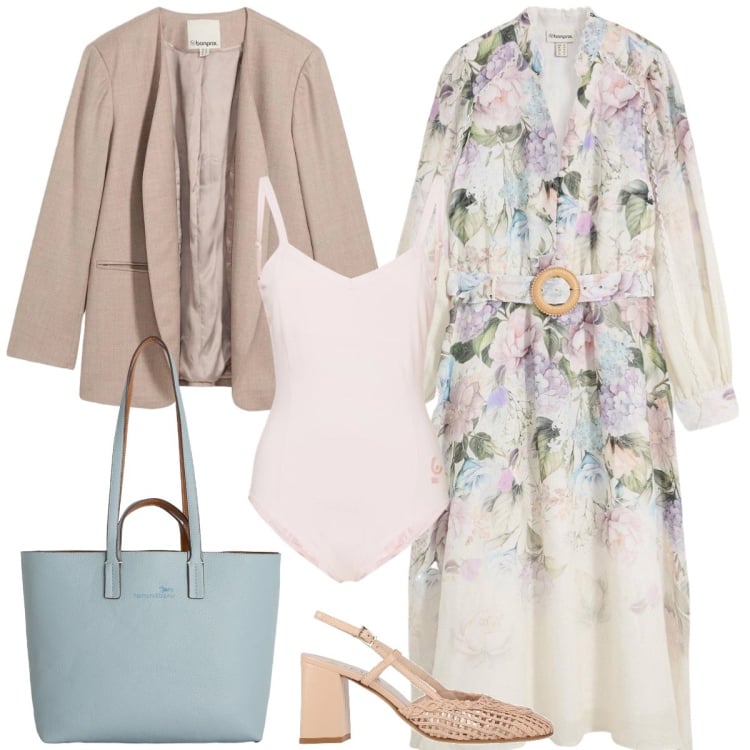 Outfit donna - Total look #2364227. Stile Romantica per Tutti i giorni. Abbinamento con décolleté, vestiti midi/longuette, blazer, shopping bag, body.