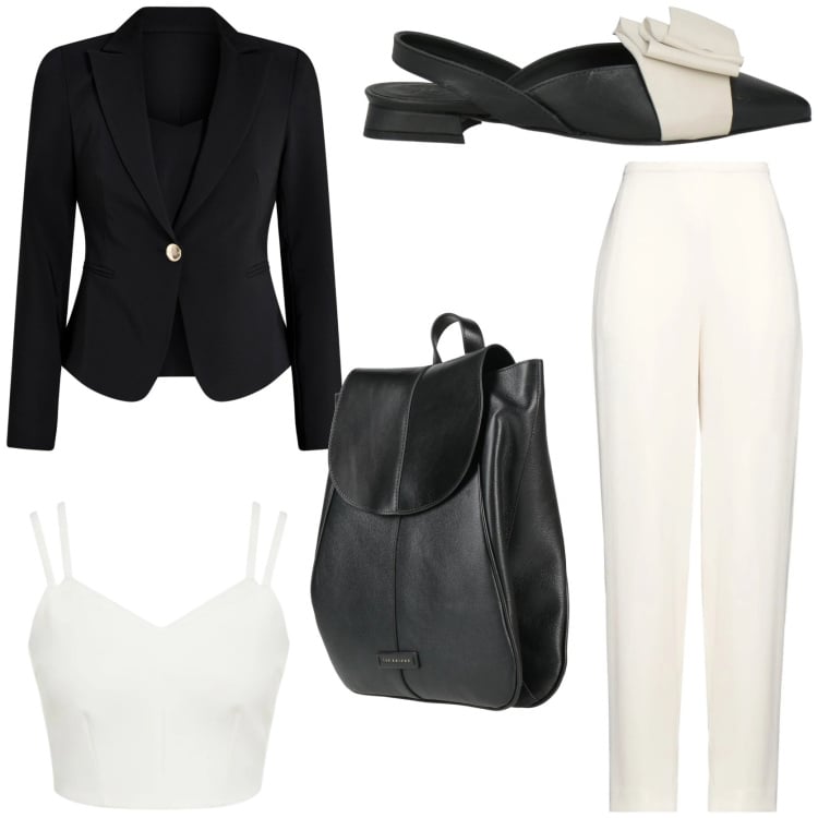 Outfit donna - Professionale in ufficio. Stile Trendy per Ufficio. Abbinamento con ballerine, pantaloni, zaini, blazer, top.