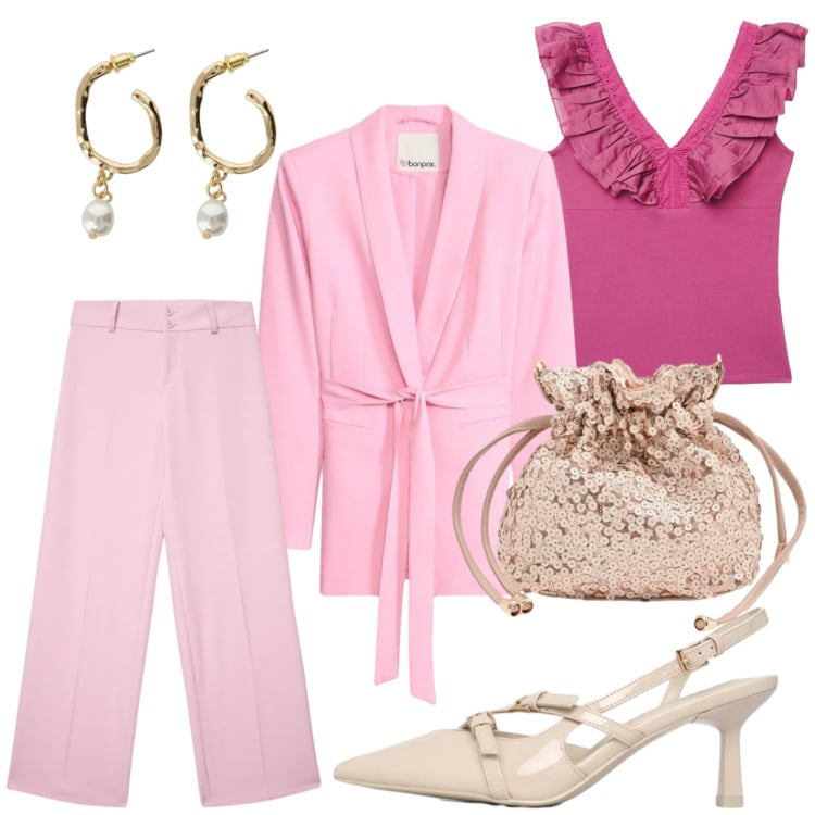 Outfit donna - Abiti che si muovono con te. Stile Chic per Serata fuori. Abbinamento con blazer, décolleté, pantaloni, top, orecchini, pochette.