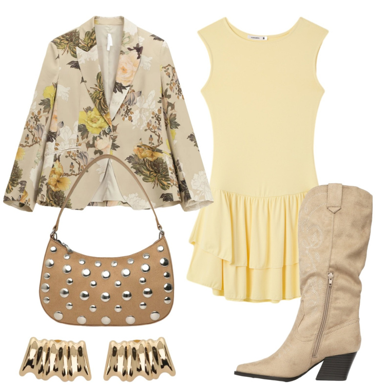 Outfit donna - Stile romantico primaverile. Stile Minimal per Tutti i giorni. Abbinamento con stivali, borse a tracolla, vestiti corti, blazer, orecchini.