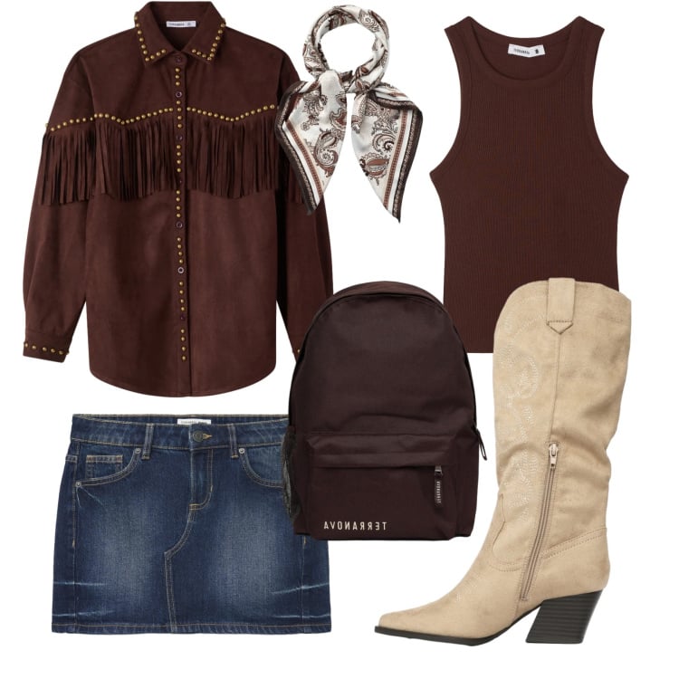 Outfit donna - Far west in città. Stile Urban per Tutti i giorni. Abbinamento con zaini, foulard, stivali, minigonne, camicie, canottiere.