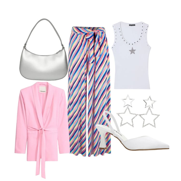 Outfit donna - Total look. Stile Casual chic per Serata fuori. Abbinamento con pantaloni a palazzo, blazer, décolleté, top, orecchini, borse a tracolla.