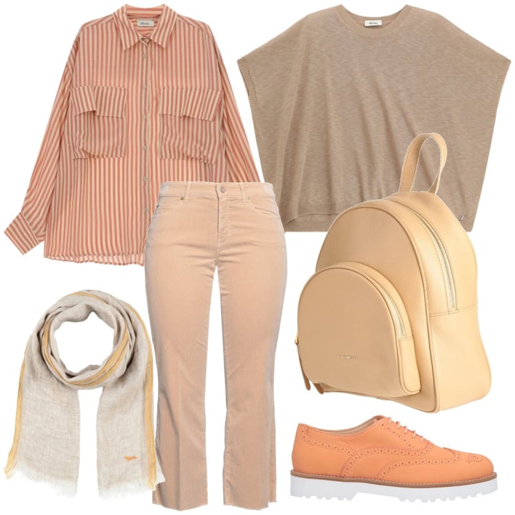 Outfit donna - Stile romantico primaverile. Stile Minimal per Tutti i giorni. Abbinamento con pantaloni, scarpe stringate, zaini, sciarpe, camicie, top.