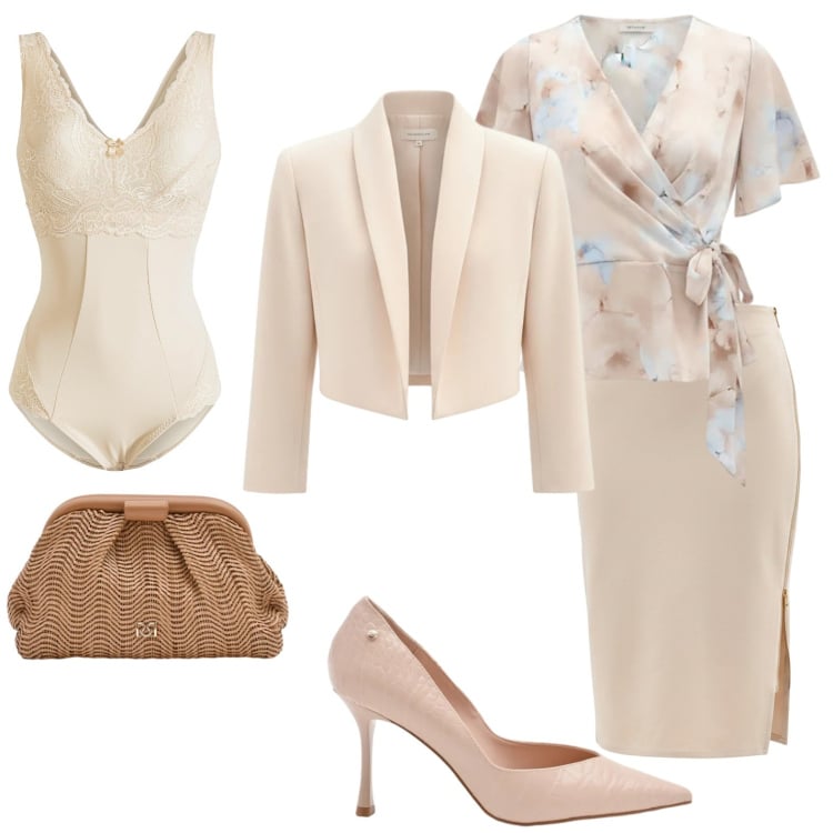 Outfit donna - Madrina in beige. Stile Chic per Cerimonia. Abbinamento con body, gonne longuette, bluse, bolero, pochette, décolleté.