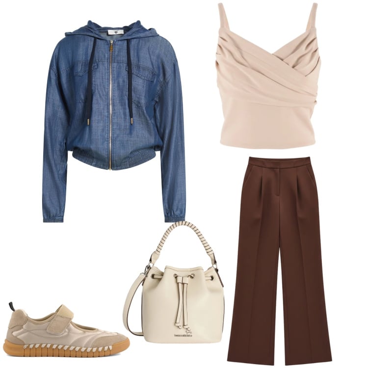 Outfit donna - Earth Tones & Denim. Stile Casual chic per Tutti i giorni. Abbinamento con felpe con cappuccio, borse a secchiello, pantaloni a palazzo, canottiere, ballerine.