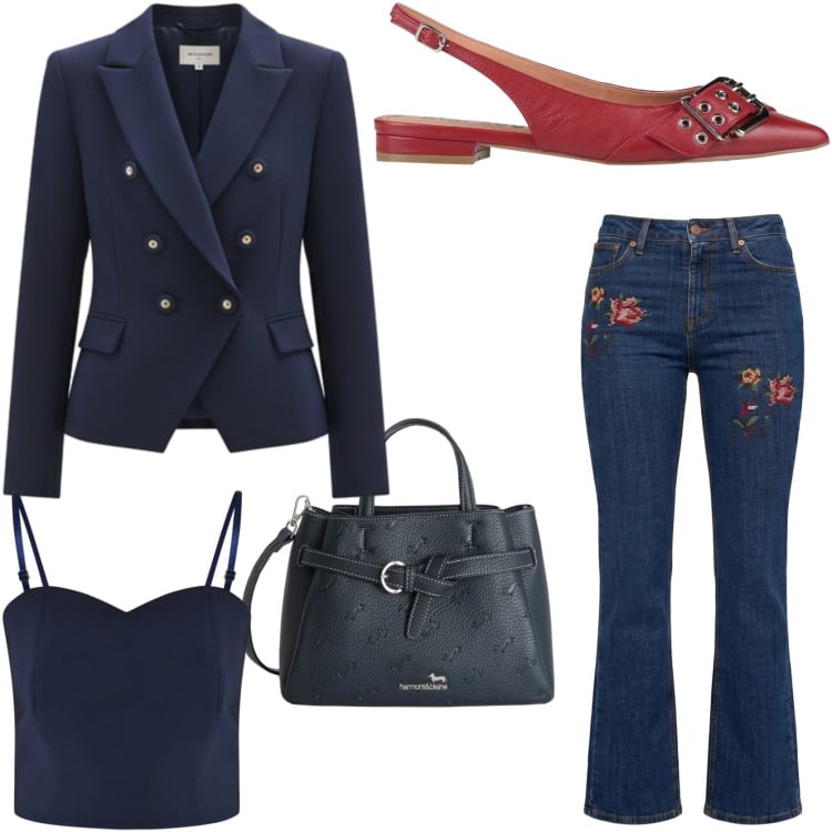 Outfit donna - Denim elevato. Stile Chic per Tutti i giorni. Abbinamento con ballerine, borse a mano, jeans, blazer, top.