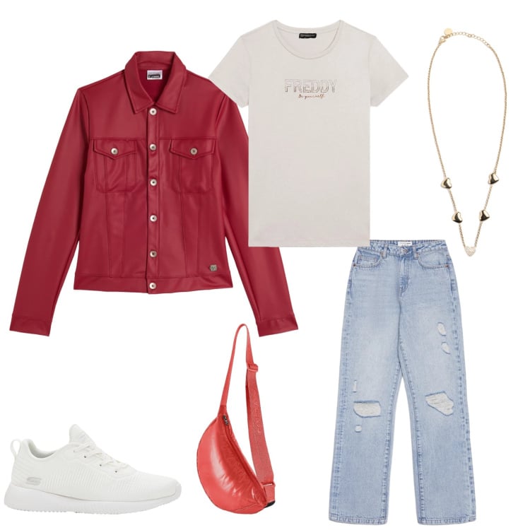 Outfit donna - Urban Cool in Red & Denim. Stile Casual chic per Tutti i giorni. Abbinamento con sneakers, jeans strappati, giacche, collane, t-shirt, borse a tracolla.