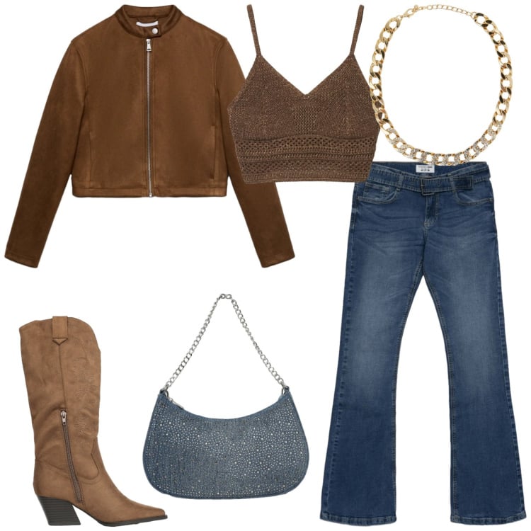 Outfit donna - Deserto code. Stile Etnico per Serata fuori. Abbinamento con giacche, top, jeans a zampa, collane, stivali, borse a tracolla.