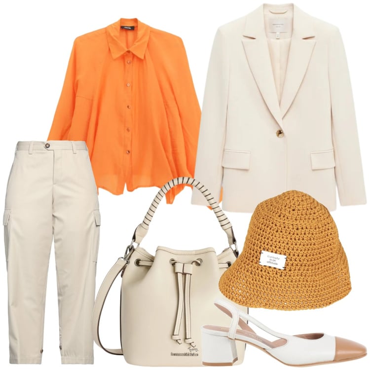 Outfit donna - Soft Power Dressing. Stile Casual per Tutti i giorni. Abbinamento con cappelli con visiera, décolleté, pantaloni cargo, borse a secchiello, blazer, camicie.