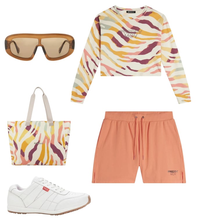 Outfit donna - Vibrazioni Estive e Urban Style. Stile Casual chic per Tutti i giorni. Abbinamento con sneakers, occhiali da sole, felpe, shopping bag, pantaloncini sportivi.