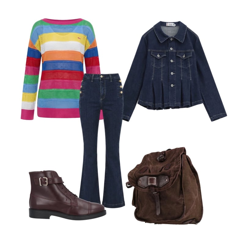 Outfit donna - Total look #2364276. Stile Basic per Scuola/Università. Abbinamento con stivaletti, zaini, pullovers, blazer, jeans a zampa.