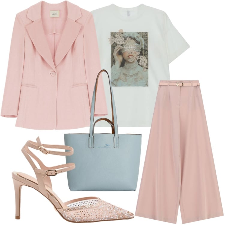 Outfit donna - Colori pastello. Stile Trendy per Ufficio. Abbinamento con shopping bag, décolleté, pantaloni a palazzo, t-shirt, blazer.