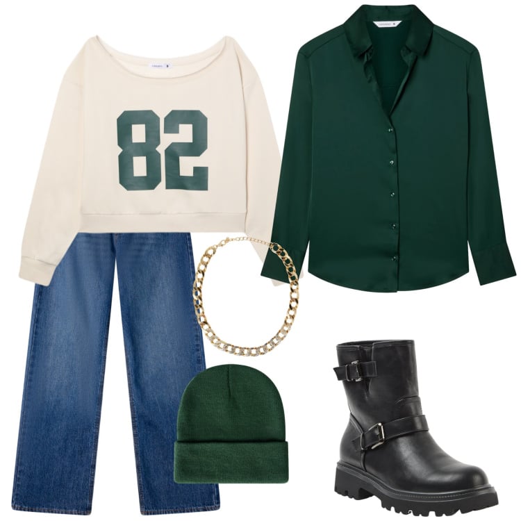 Outfit donna - Verde bottiglia. Stile Minimal per Tutti i giorni. Abbinamento con collane, stivaletti, camicie, jeans, berretti, felpe.