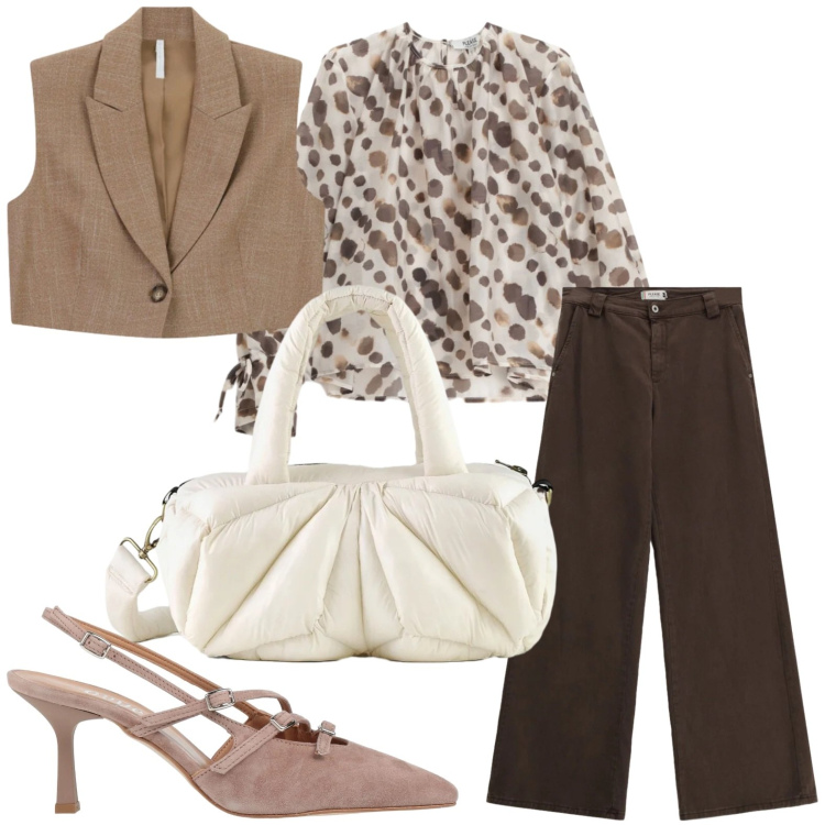 Outfit donna - Fantasie primaverili. Stile Urban per Tutti i giorni. Abbinamento con décolleté, gilet, bluse, pantaloni a palazzo, borse a mano.