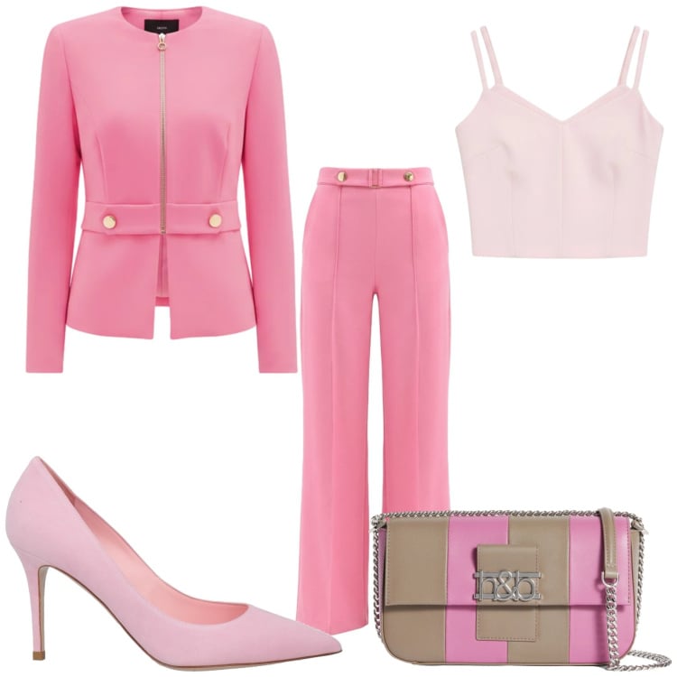 Outfit donna - Rosa chic. Stile Chic per Serata fuori. Abbinamento con décolleté, borse a spalla, blazer, pantaloni a palazzo, top.