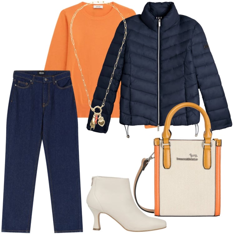 Outfit donna - Jeans blu scuro. Stile Minimal per Tutti i giorni. Abbinamento con stivaletti, borse tote, jeans dritti, maglieria, ciondoli, piumini.