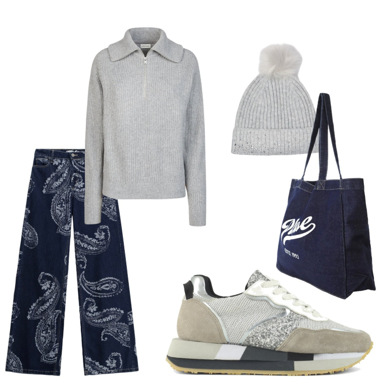 Outfit donna - A pranzo dai miei. Stile Basic per Tutti i giorni. Abbinamento con shopping bag, jeans, maglieria, sneakers, berretti.