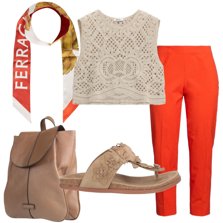 Outfit donna - Il top ricamato. Stile Basic per Tutti i giorni. Abbinamento con sciarpe, zaini, pantaloni, infradito, top.