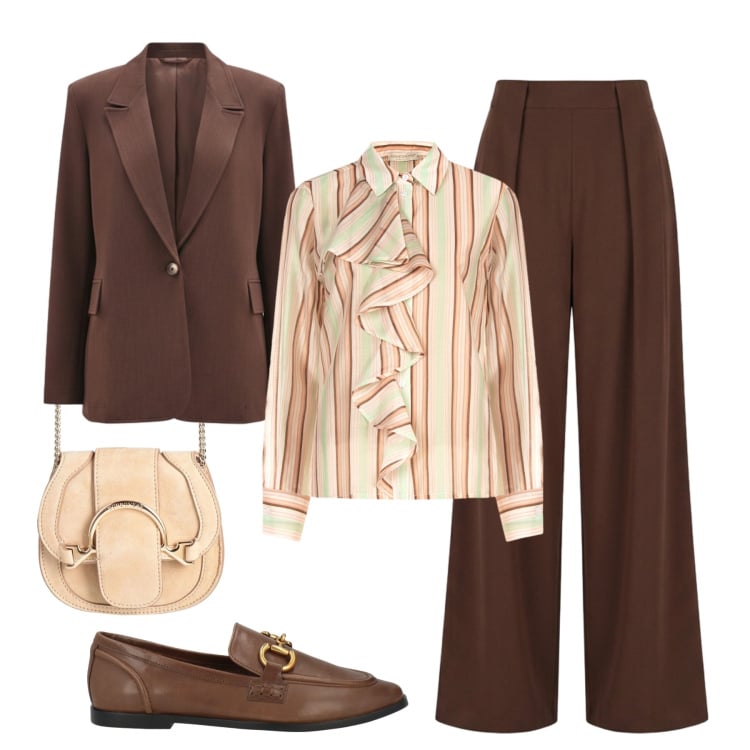 Outfit donna - Soft choco dressing. Stile Glamour per Tutti i giorni. Abbinamento con marsupi, mocassini, pantaloni a palazzo, camicie, blazer.