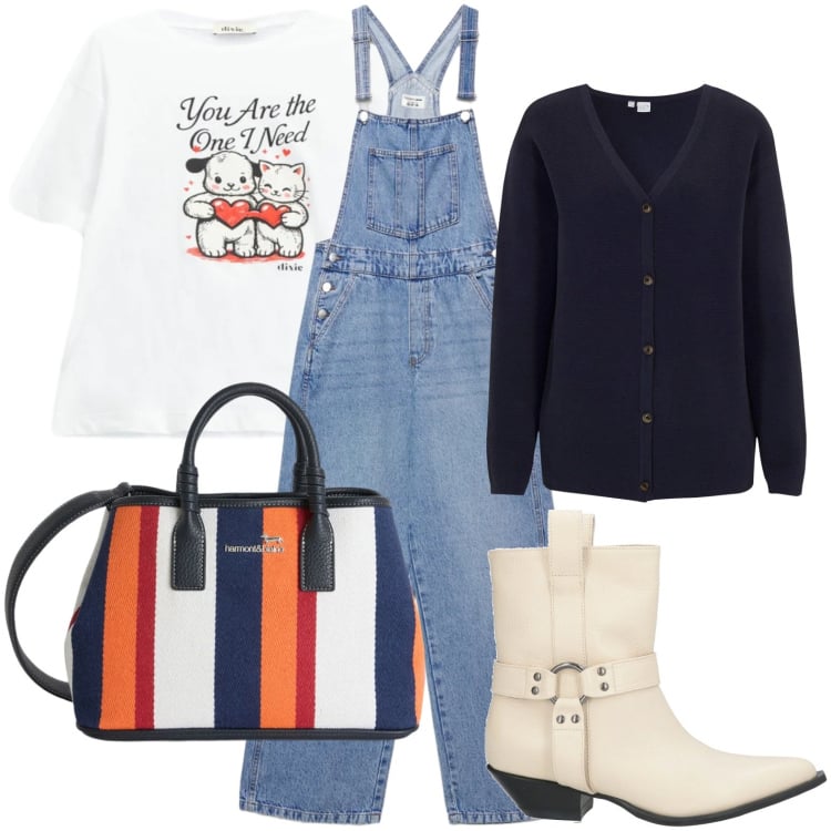 Outfit donna - Salopette passpartout. Stile Casual per Tutti i giorni. Abbinamento con stivaletti texani, cardigans, shopping bag, salopette, t-shirt.