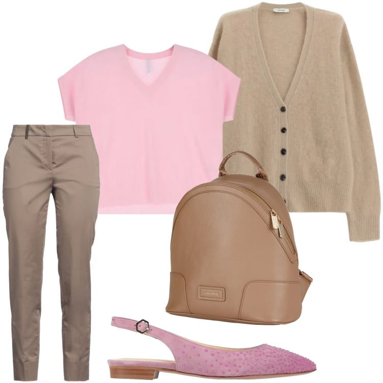 Outfit donna - Beige e rosa. Stile Casual per Tutti i giorni. Abbinamento con ballerine, zaini, pantaloni, t-shirt, cardigans.