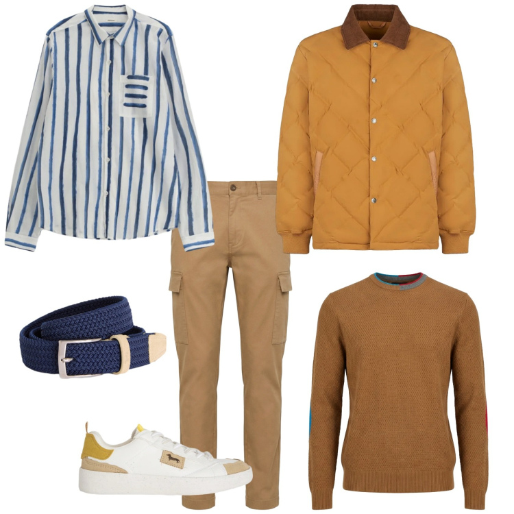 Outfit uomo - Ruggine di primavera. Stile Casual Abbinamento con sneakers, cinture, maglieria, pantaloni cargo, camicie, giacche.