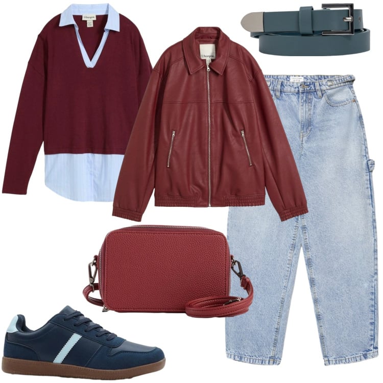 Outfit donna - Casual in celeste e bordeaux. Stile Casual per Tutti i giorni. Abbinamento con maglieria, blazer, sneakers, borse a tracolla, jeans, cinture.