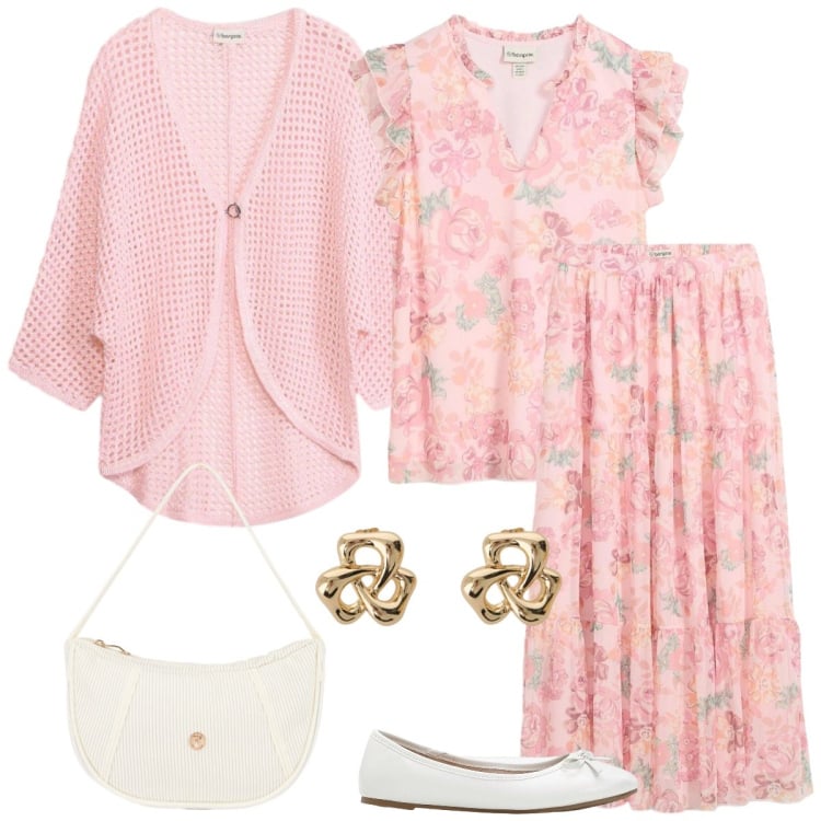 Outfit donna - Total look #2364298. Stile Romantica per Tutti i giorni. Abbinamento con cardigans, bluse, gonne lunghe, ballerine, orecchini, borse a mano.