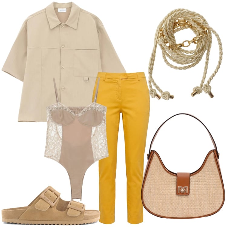 Outfit donna - Touch yellow. Stile Minimal per Tutti i giorni. Abbinamento con pantaloni, borse a spalla, camicie, cinture, body, sandali in pelle.