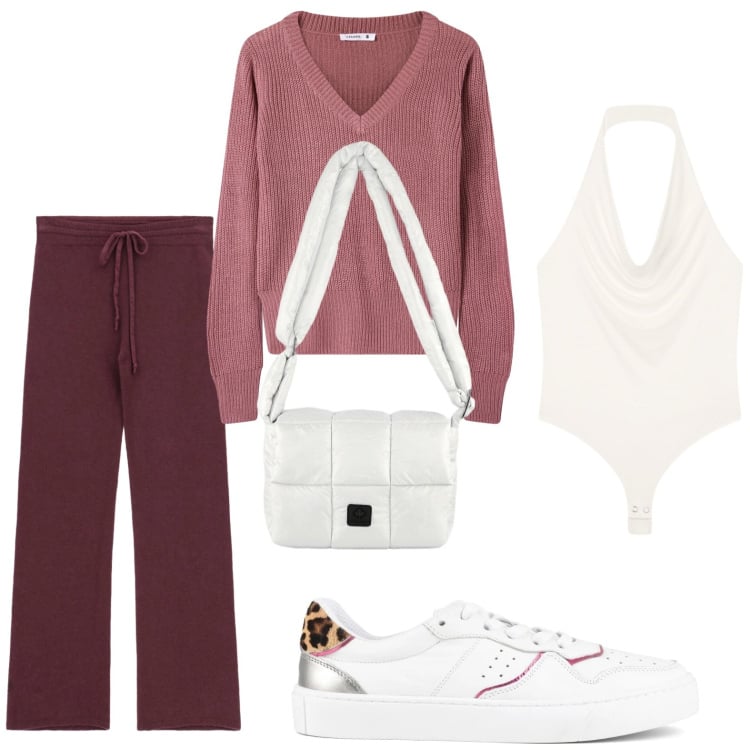Outfit donna - Comoda. Stile Minimal per Tutti i giorni. Abbinamento con maglieria, body, pantaloni a palazzo, borse a spalla, sneakers.