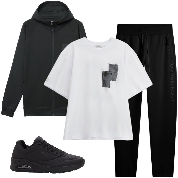 Outfit uomo - Total look #2364301. Stile Urban per Tutti i giorni. Abbinamento con sneakers, t-shirt, pantaloni, felpe con cappuccio.